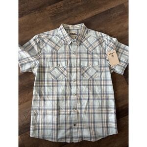 NWT Ariat Retro Fit Hinkle Shirt Mens Large Blue Plaid Short Sleeve Pearl Snap